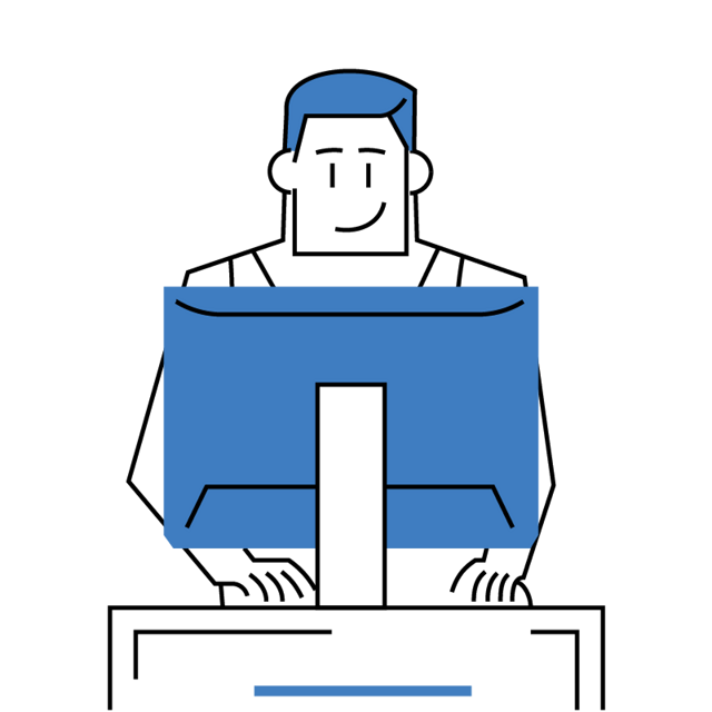 An illustration of a smirking guy in overalls standing behind a monitor