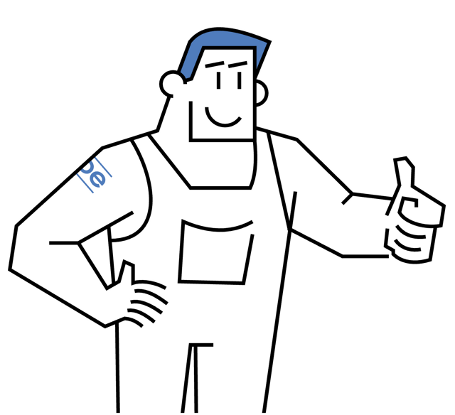 An illustration of a smirking guy in overalls standing behind a monitor