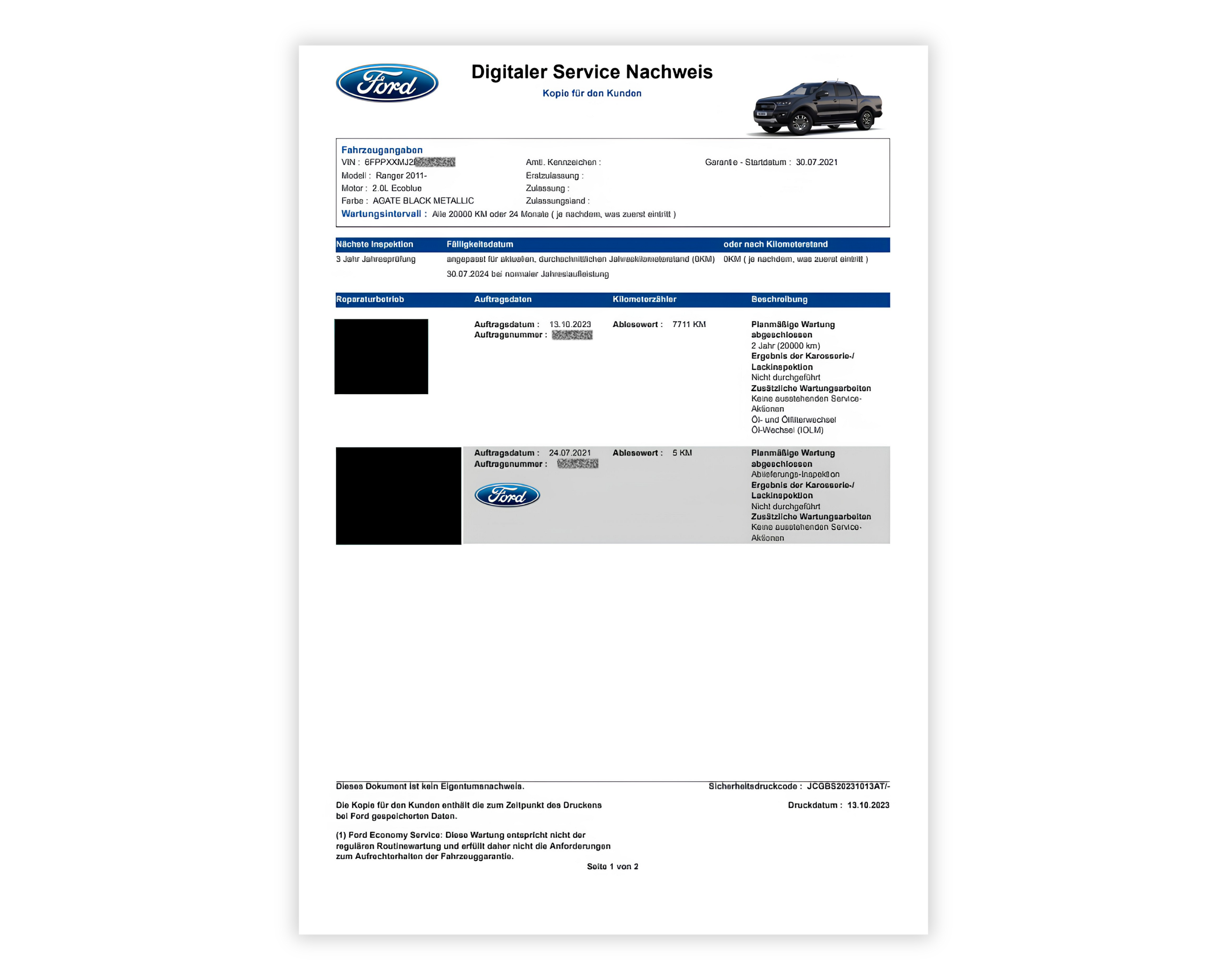 Screenshot einer Webseite mit dem Servicenachweis eines Fahrzeugs, mit Wartungshistorie für Ford, einschließlich Servicedaten, Kilometerstand und durchgeführten Arbeiten bei jedem Besuch.