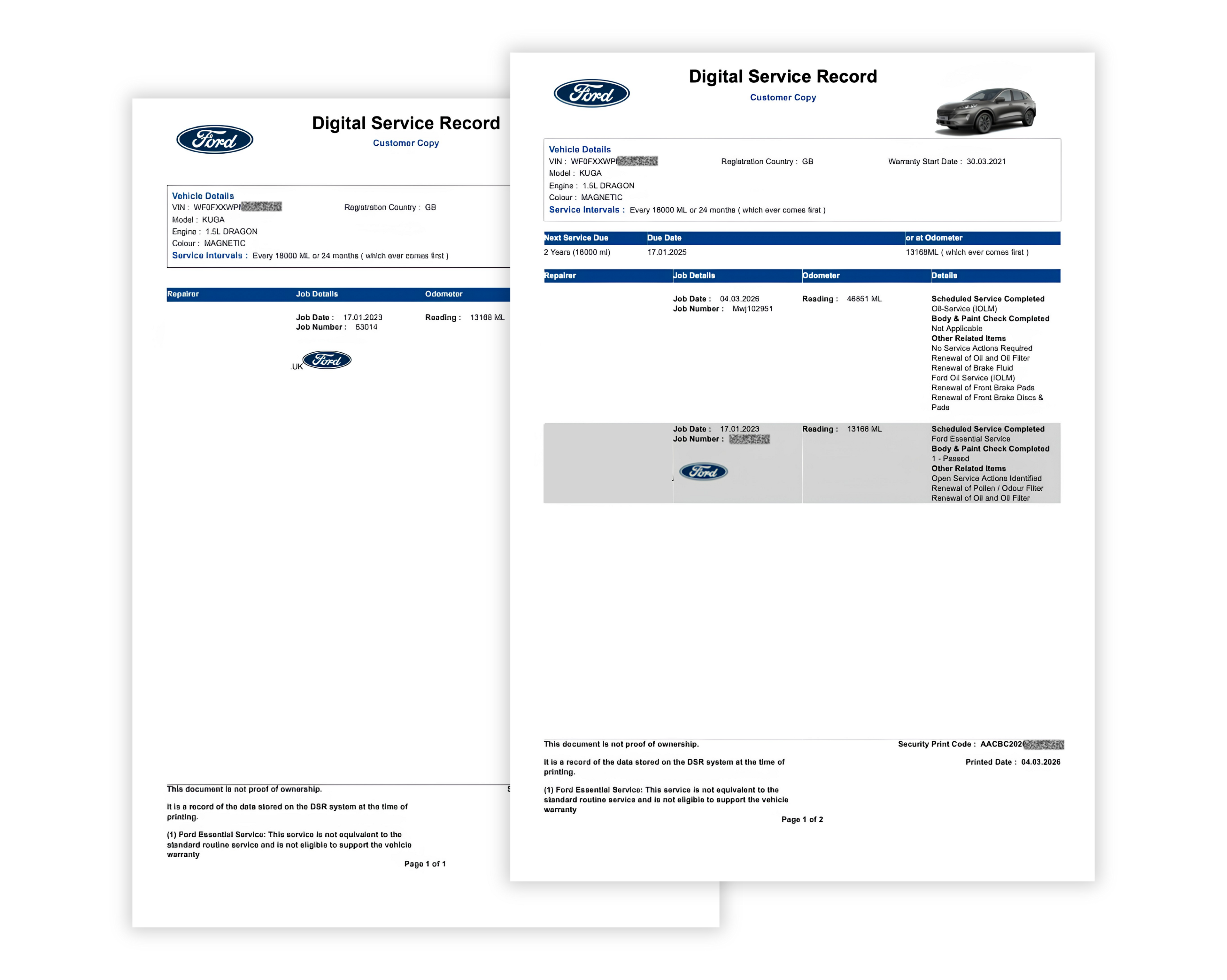 Snímek obrazovky webové stránky s servisní knížkou vozidla, na které je uvedena historie údržby vozidla s Ford, včetně termínů servisních prohlídek, počtu najetých mil a prací provedených při každé prohlídce.