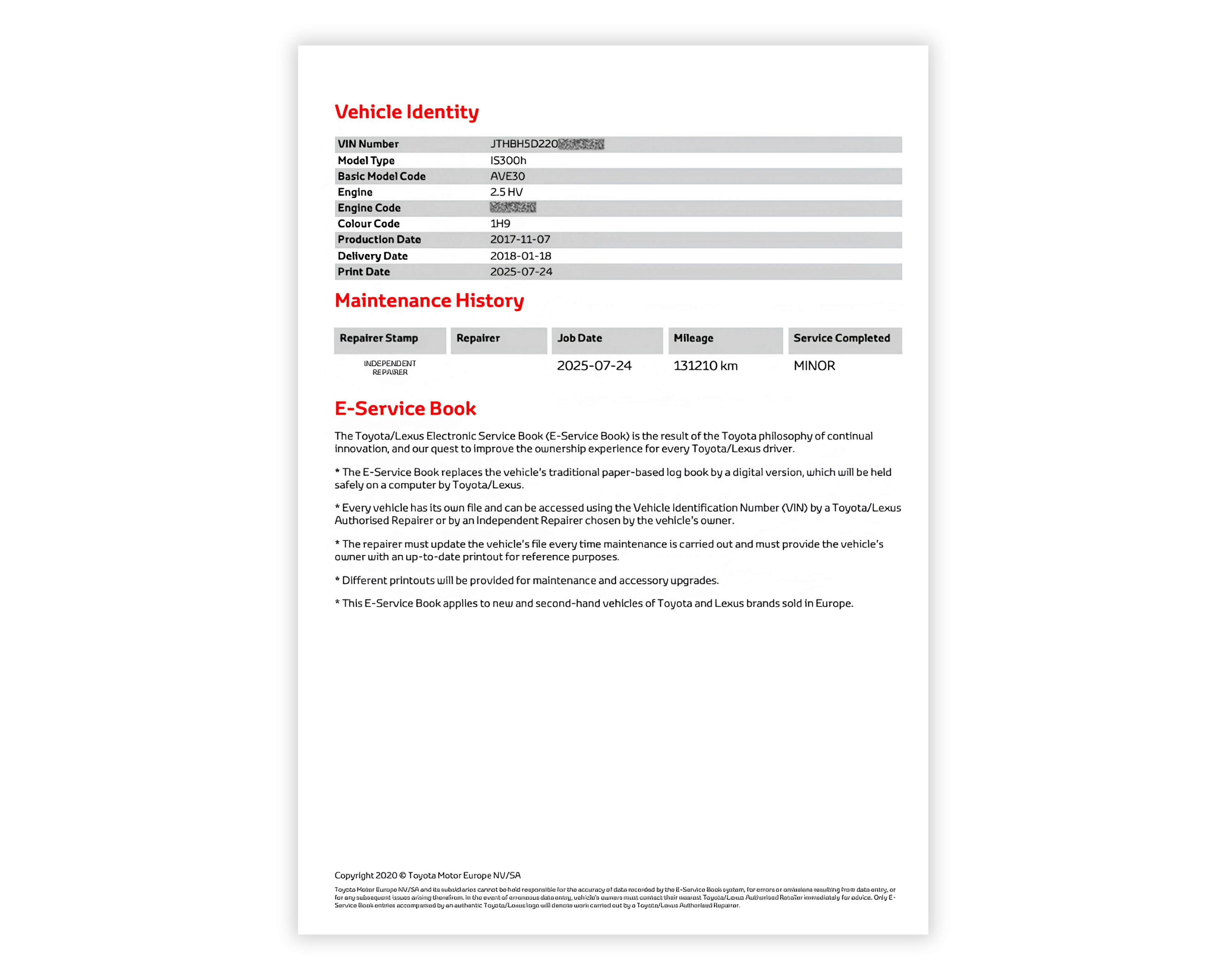Screenshot of a vehicle service record webpage listing maintenance history for Toyota / Lexus, including service dates, mileage, and work performed at each visit.