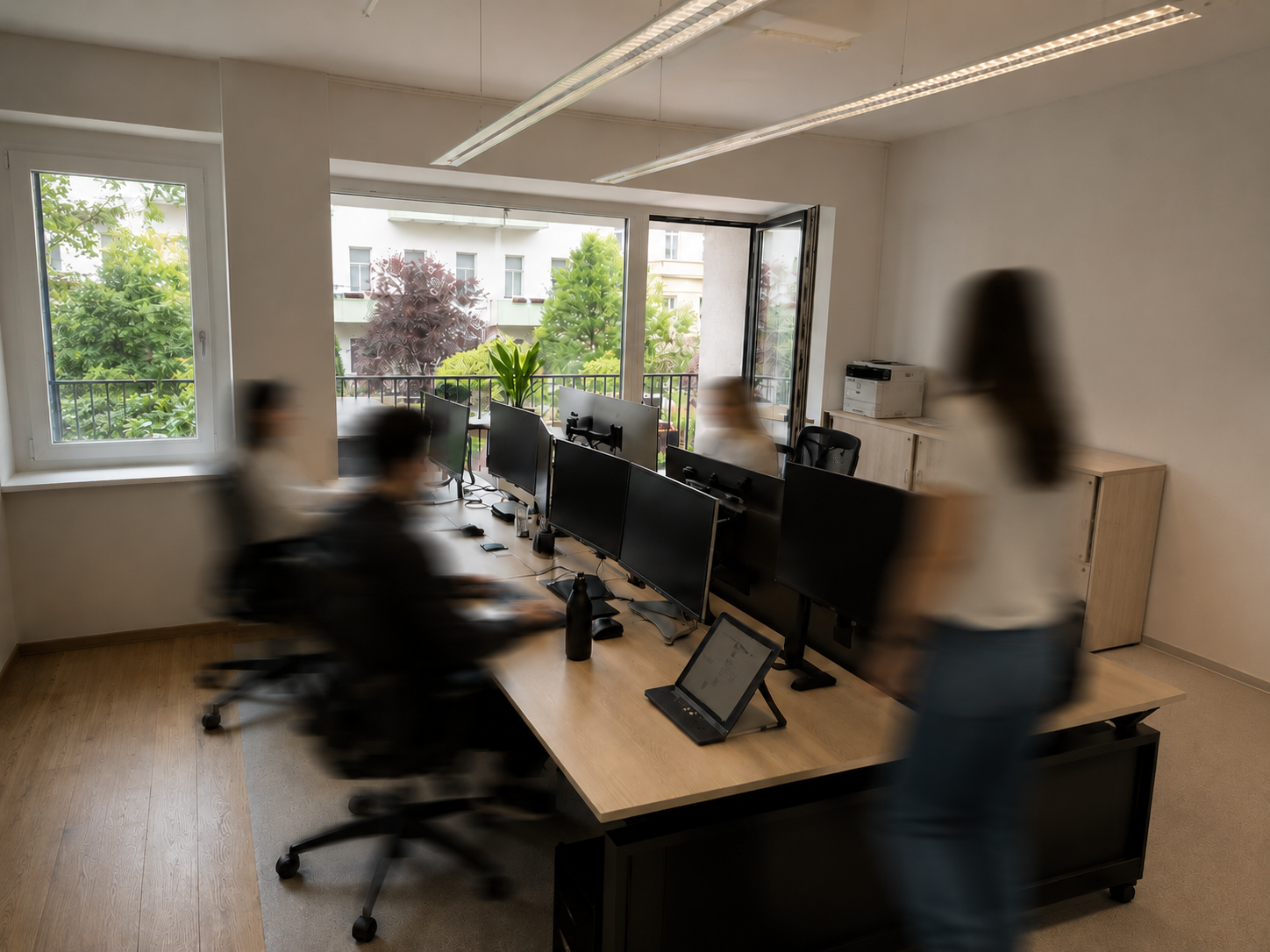 Eine durch Bewegung unscharfe Büroszene, in der Mitarbeiter an einer Reihe von Stehplätzen mit mehreren Monitoren sitzen, während im Vordergrund eine Frau vorbeigeht und durch die offenen Fenster ein begrünter Balkon zu sehen ist.