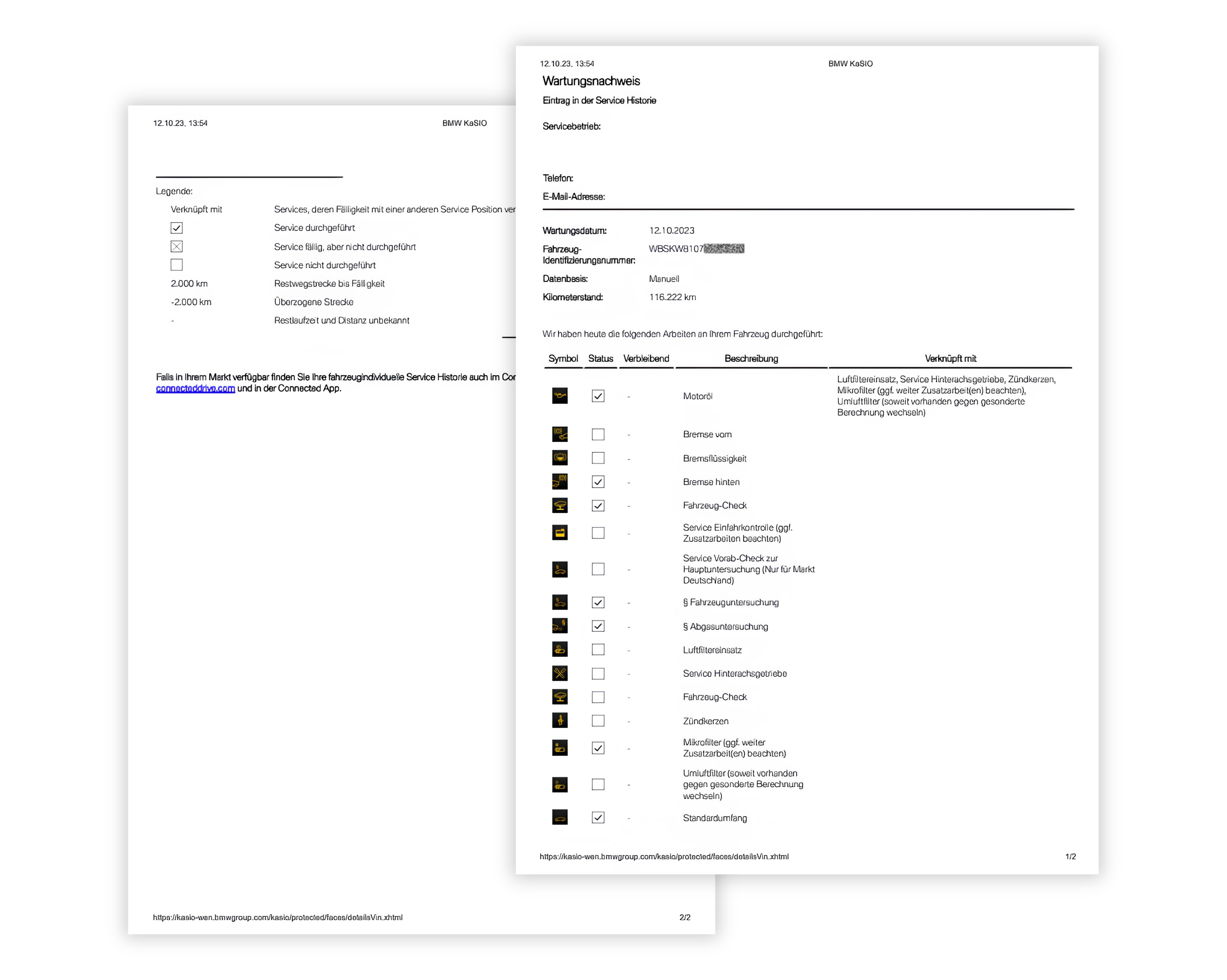 Screenshot einer Webseite mit dem Servicenachweis eines Fahrzeugs, mit Wartungshistorie für BMW-M, einschließlich Servicedaten, Kilometerstand und durchgeführten Arbeiten bei jedem Besuch.