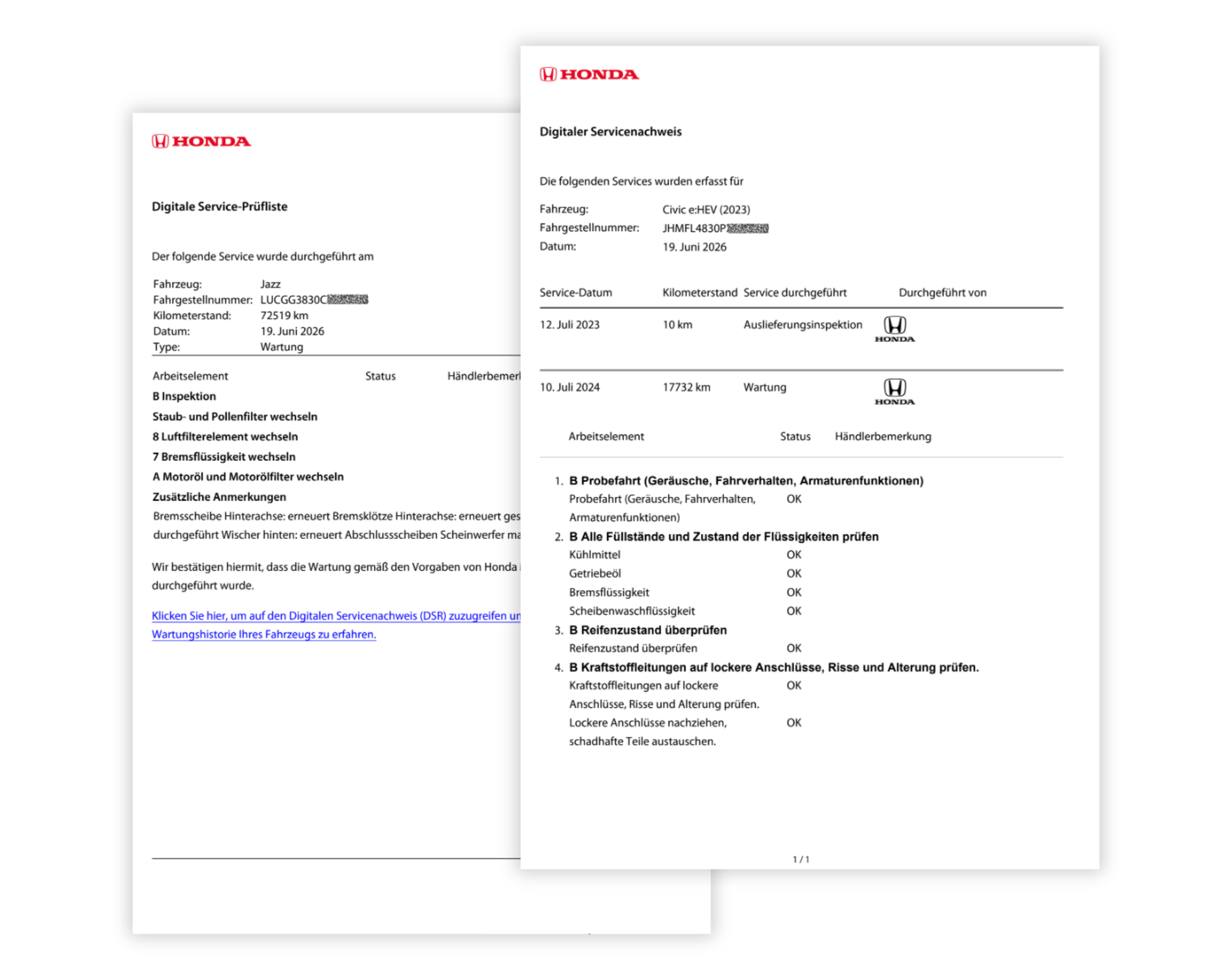 Screenshot einer Webseite mit dem Servicenachweis eines Fahrzeugs, mit Wartungshistorie für Honda, einschließlich Servicedaten, Kilometerstand und durchgeführten Arbeiten bei jedem Besuch.