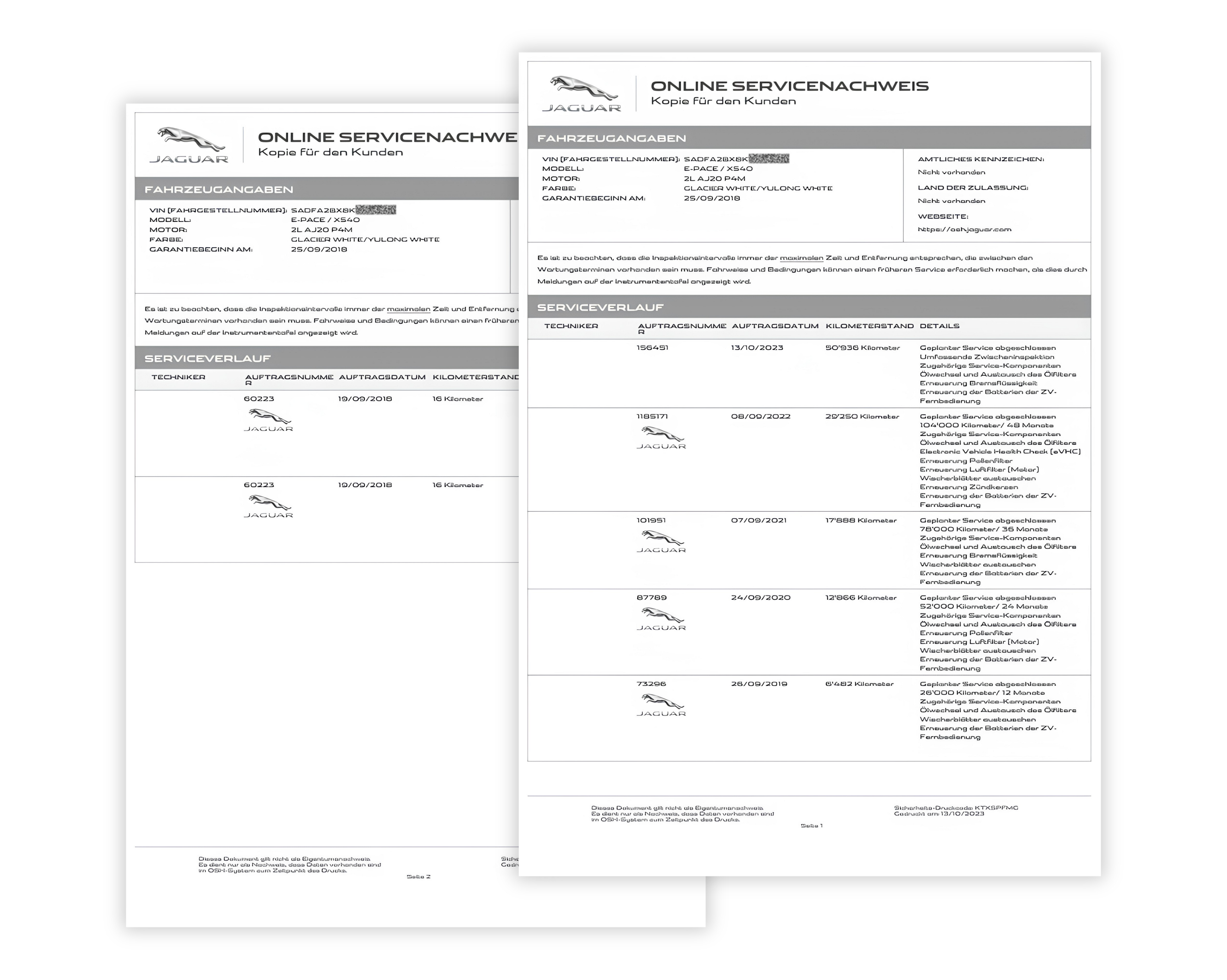 Screenshot einer Webseite mit dem Servicenachweis eines Fahrzeugs, mit Wartungshistorie für Jaguar, einschließlich Servicedaten, Kilometerstand und durchgeführten Arbeiten bei jedem Besuch.