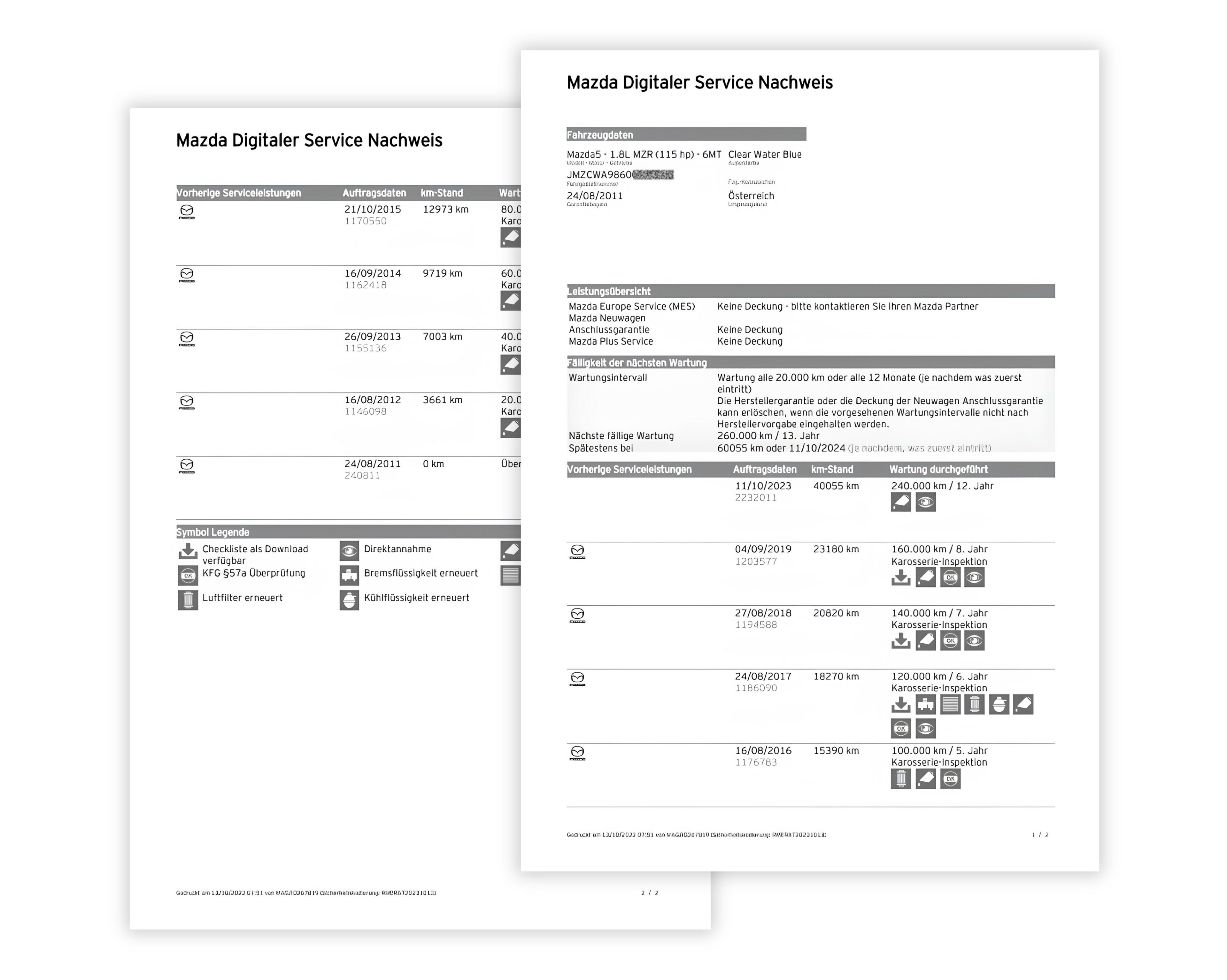 Screenshot einer Webseite mit dem Servicenachweis eines Fahrzeugs, mit Wartungshistorie für Mazda, einschließlich Servicedaten, Kilometerstand und durchgeführten Arbeiten bei jedem Besuch.