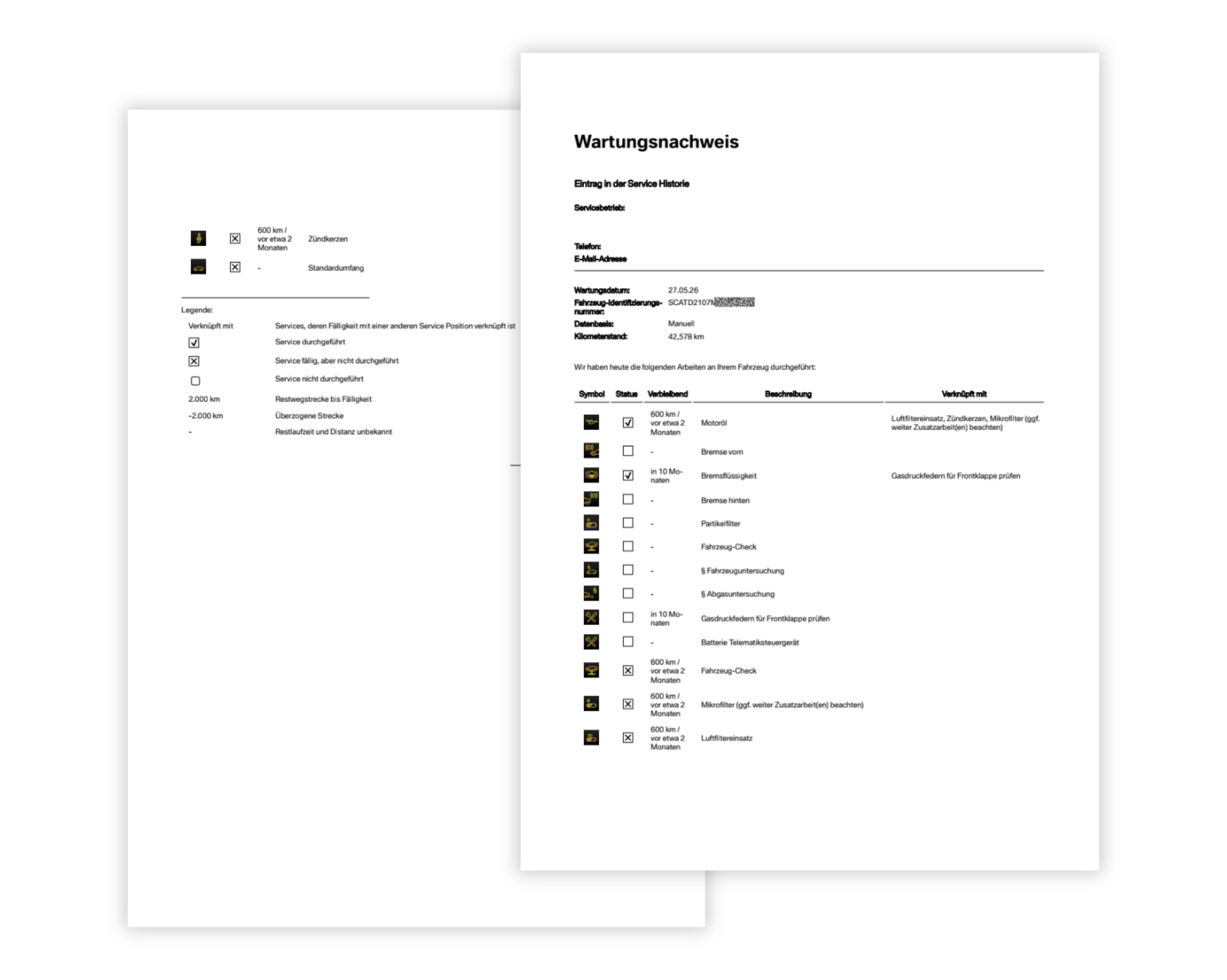 Screenshot einer Webseite mit dem Servicenachweis eines Fahrzeugs, mit Wartungshistorie für Rolls Royce, einschließlich Servicedaten, Kilometerstand und durchgeführten Arbeiten bei jedem Besuch.