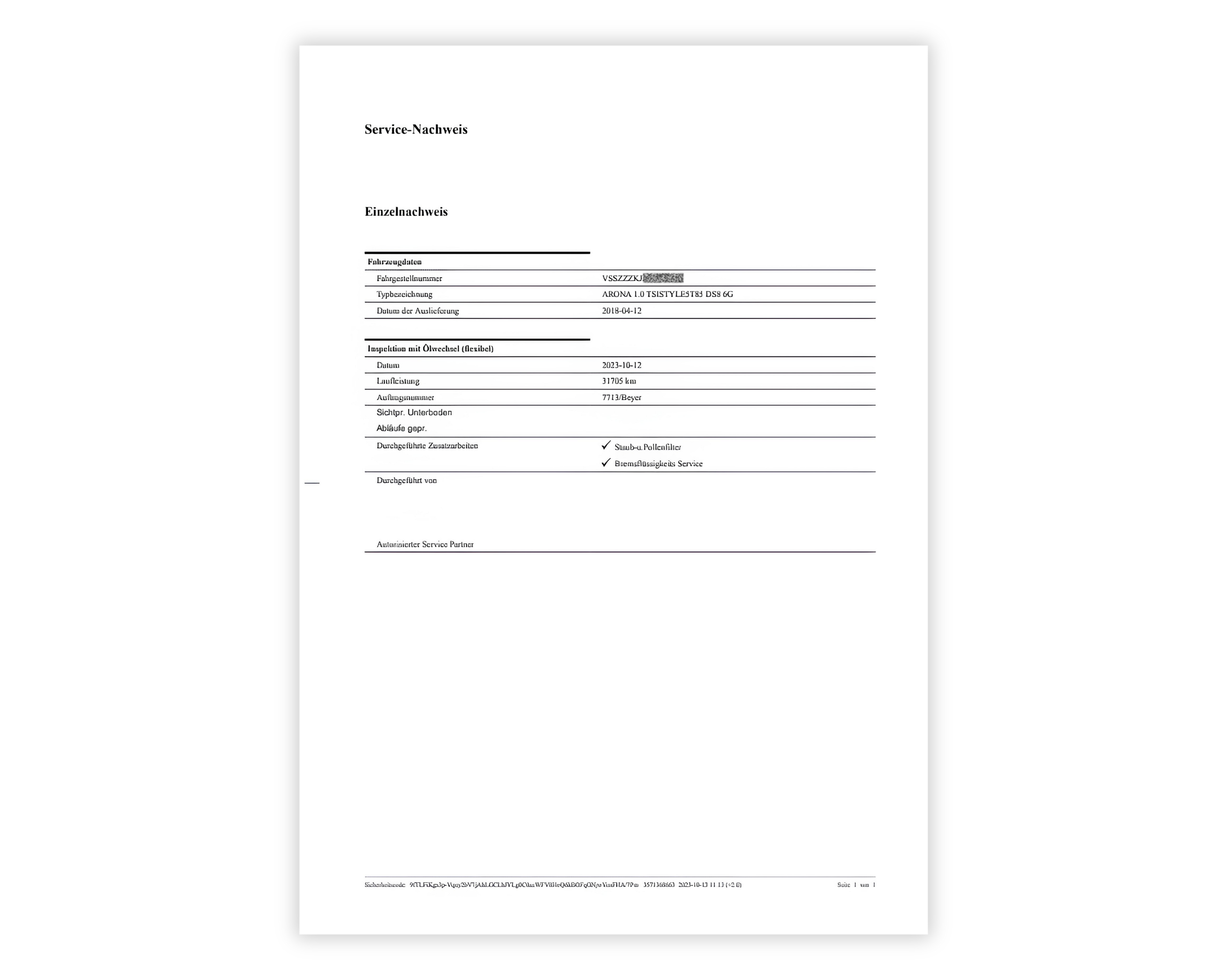 Screenshot einer Webseite mit dem Servicenachweis eines Fahrzeugs, mit Wartungshistorie für Seat, einschließlich Servicedaten, Kilometerstand und durchgeführten Arbeiten bei jedem Besuch.