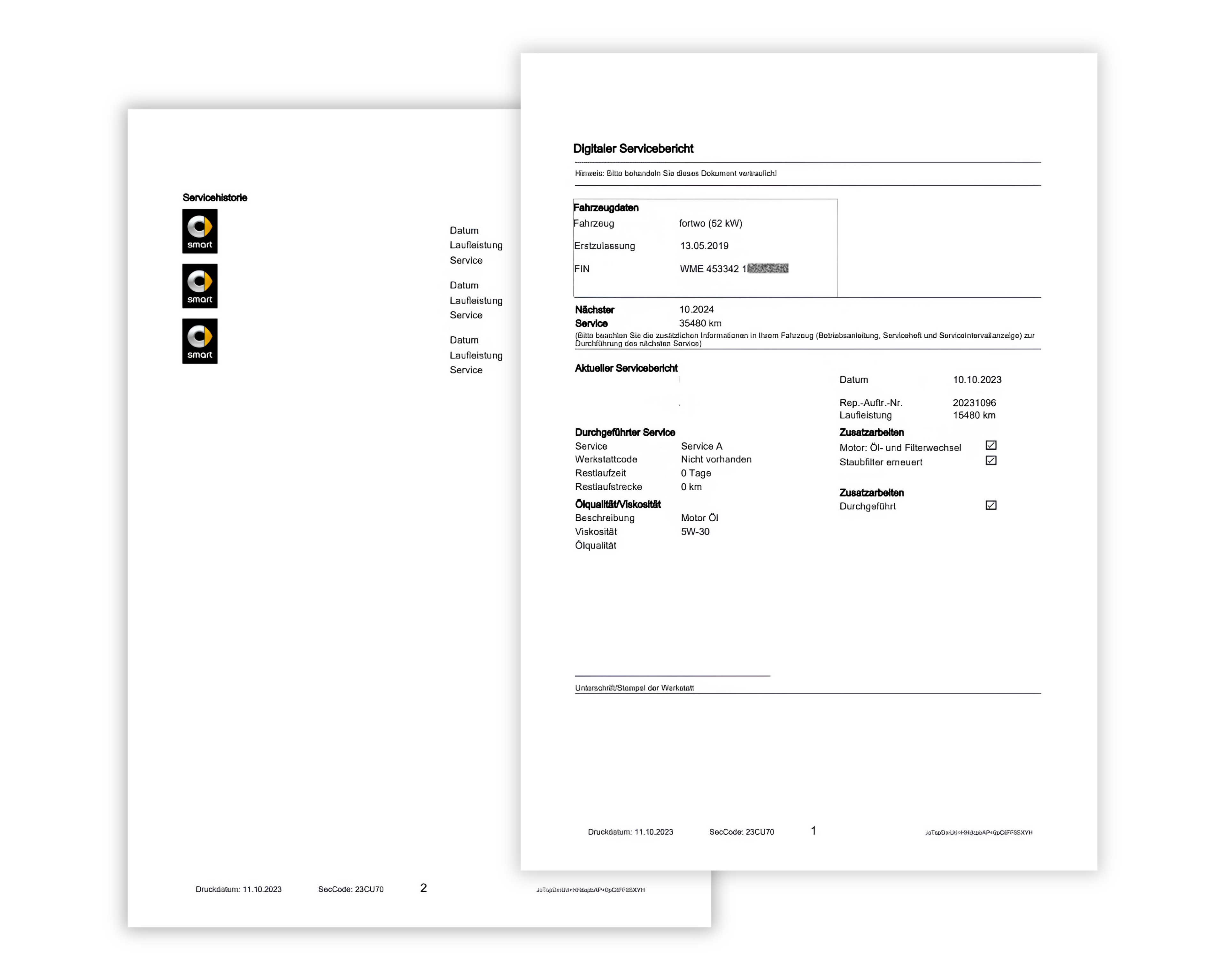 Screenshot einer Webseite mit dem Servicenachweis eines Fahrzeugs, mit Wartungshistorie für SMART, einschließlich Servicedaten, Kilometerstand und durchgeführten Arbeiten bei jedem Besuch.
