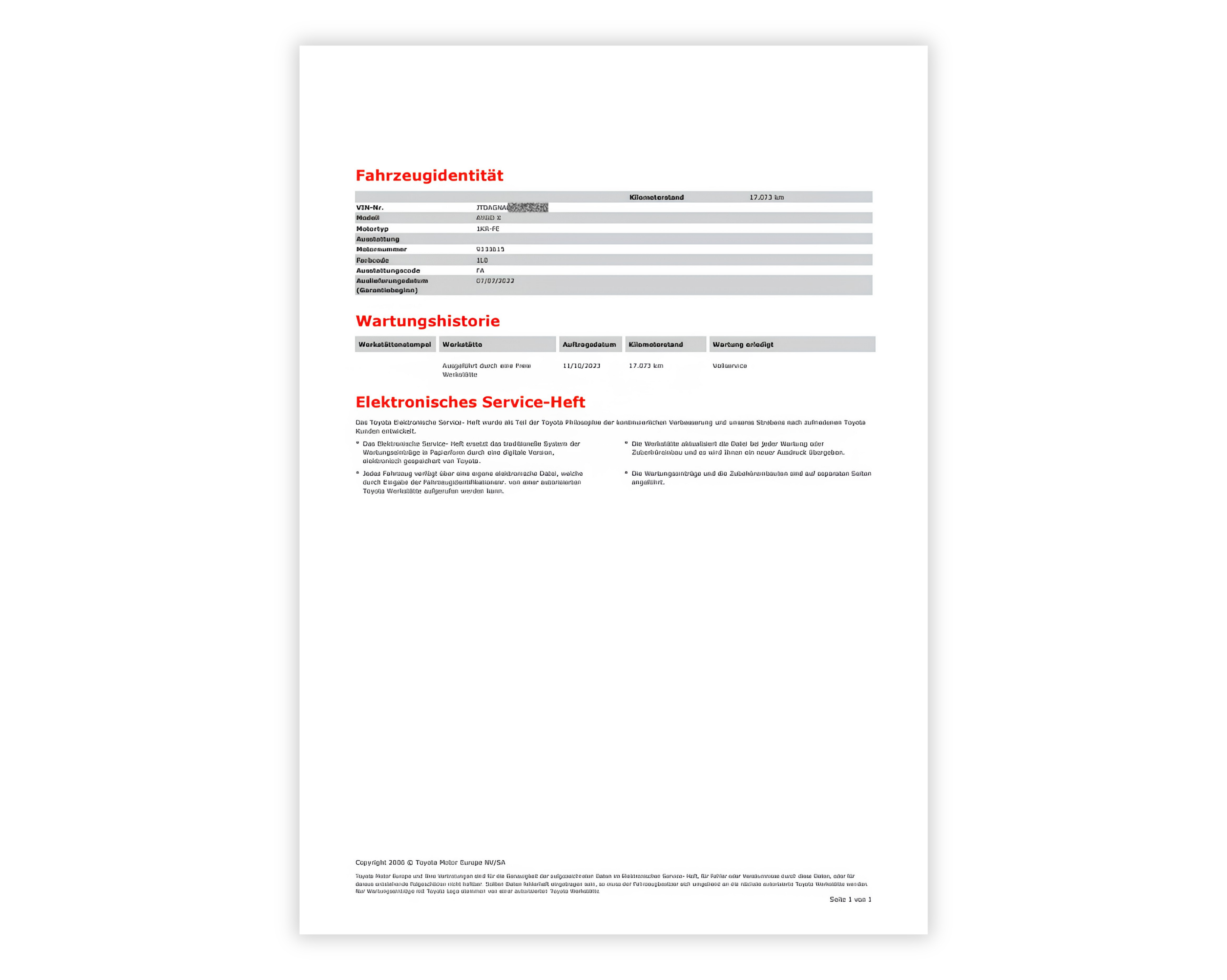 Screenshot einer Webseite mit dem Servicenachweis eines Fahrzeugs, mit Wartungshistorie für Toyota / Lexus, einschließlich Servicedaten, Kilometerstand und durchgeführten Arbeiten bei jedem Besuch.