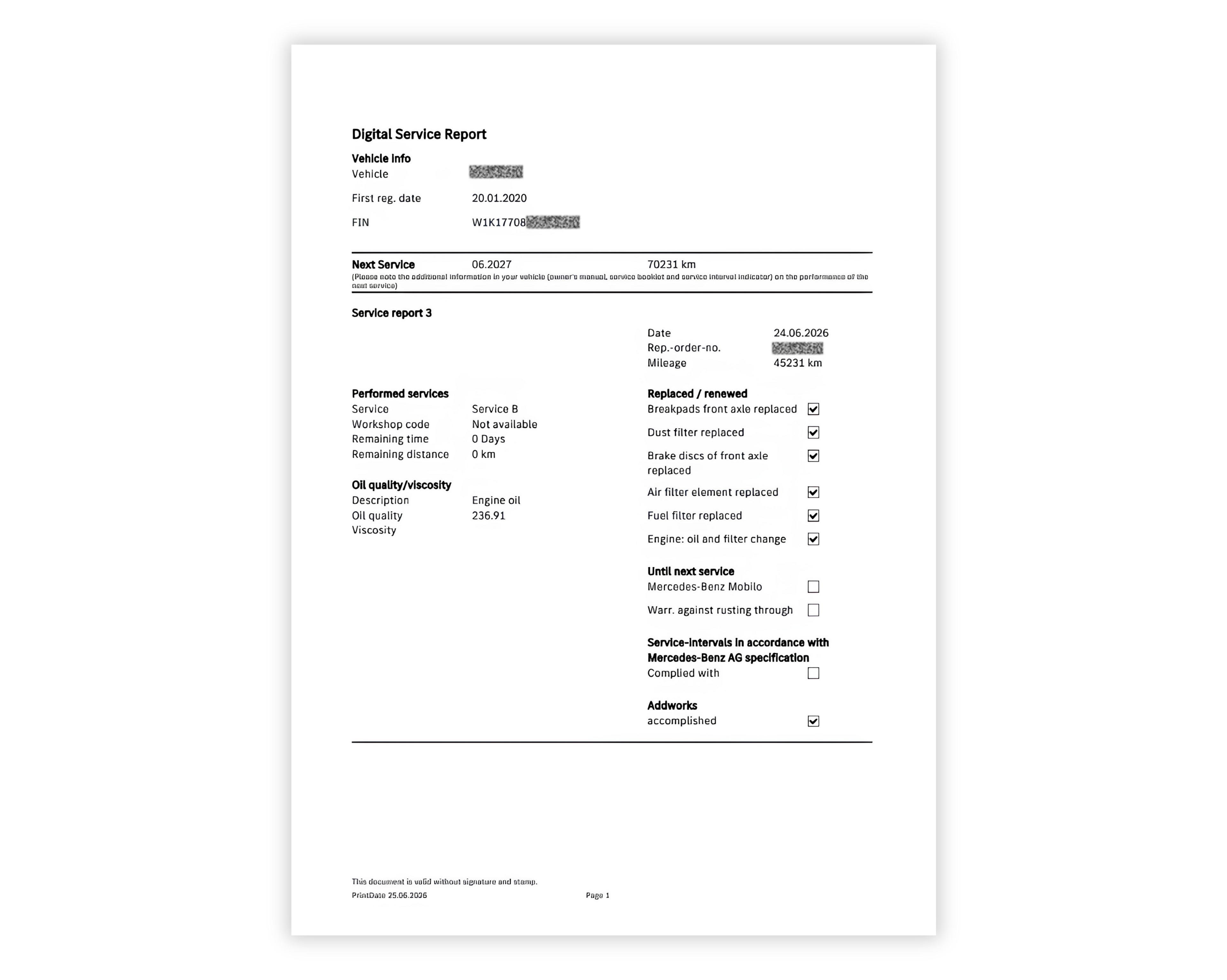 Screenshot of a vehicle service record webpage listing maintenance history for Mercedes, including service dates, mileage, and work performed at each visit.
