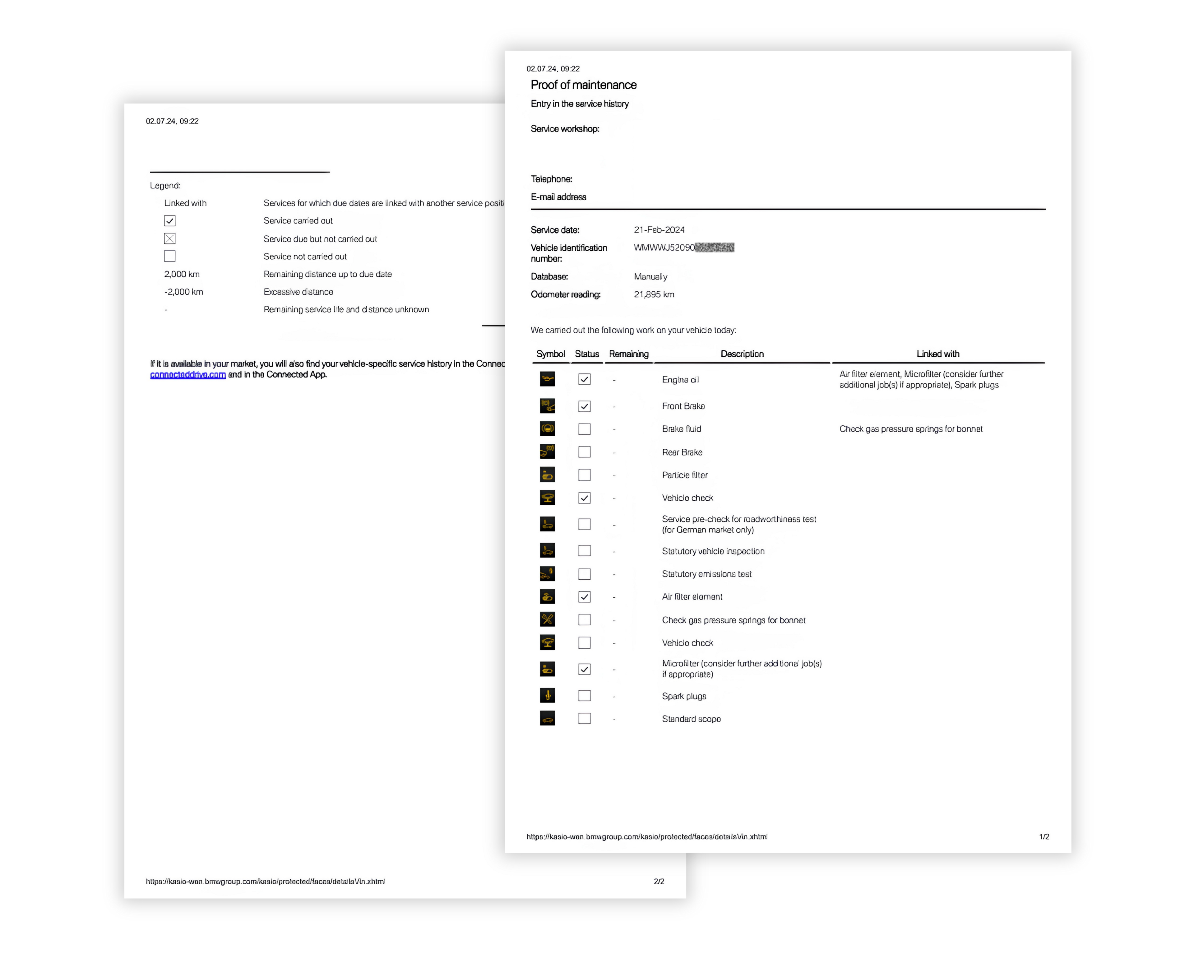 Screenshot van een webpagina met het onderhoudsboekje van een voertuig, waarop de onderhoudshistorie voor MINI staat vermeld, inclusief onderhoudsdata, kilometerstand en uitgevoerde werkzaamheden per bezoek.